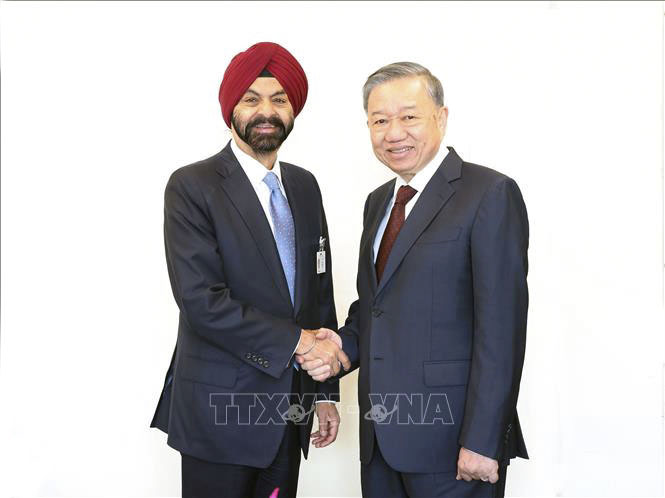 Tổng Bí thư, Chủ tịch nước Tô Lâm tiếp Chủ tịch Ngân hàng Thế giới (World Bank) Ajay Banga. Ảnh: TTXVN